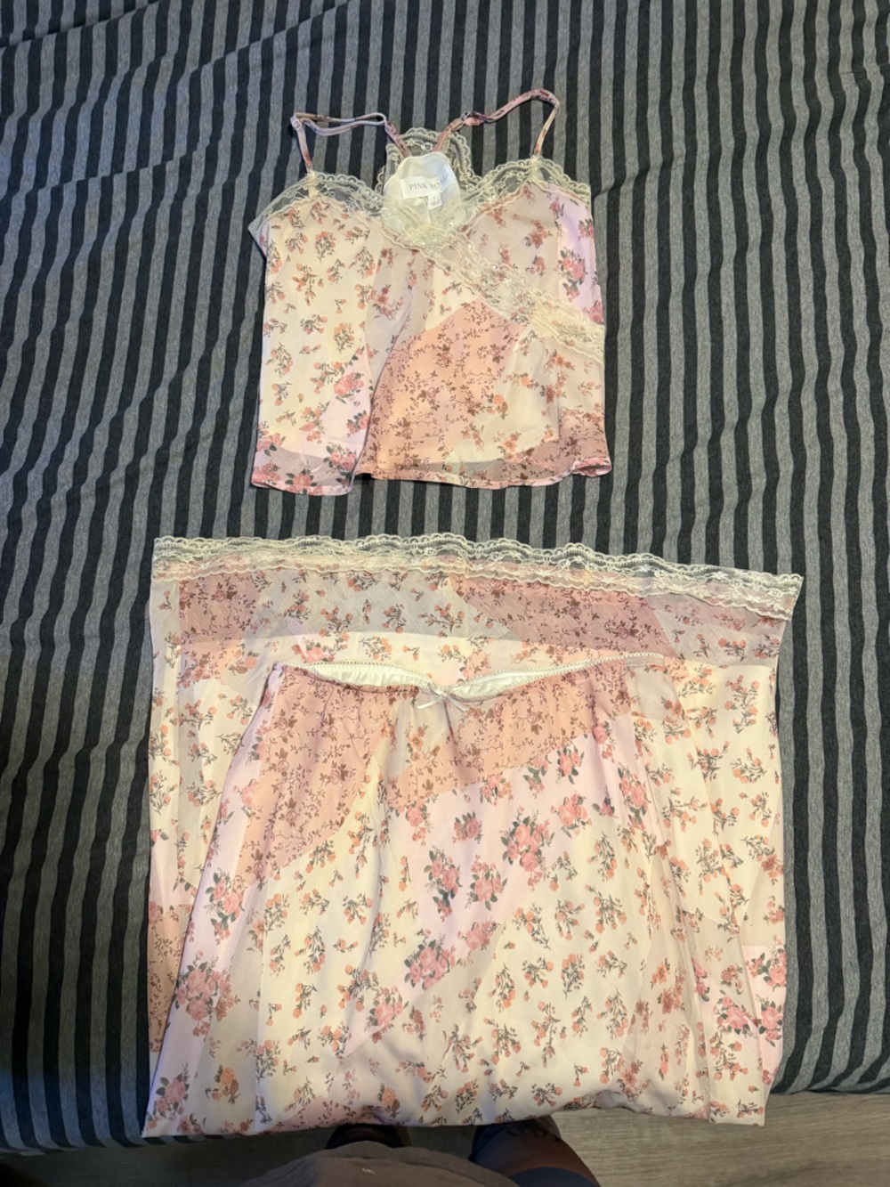 Pink Rose Pink and Cream Floral Lace Cami and skirt set